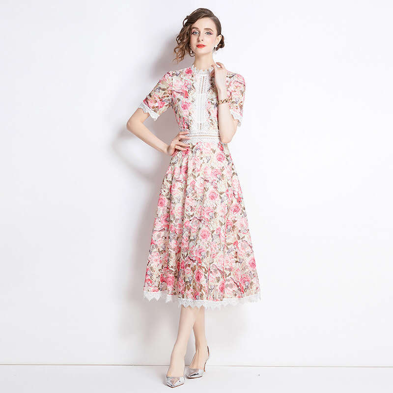 A14 2026 Summer European and American Designer Women's New French Retro Elegant Lace Patch Printed Waist Dress