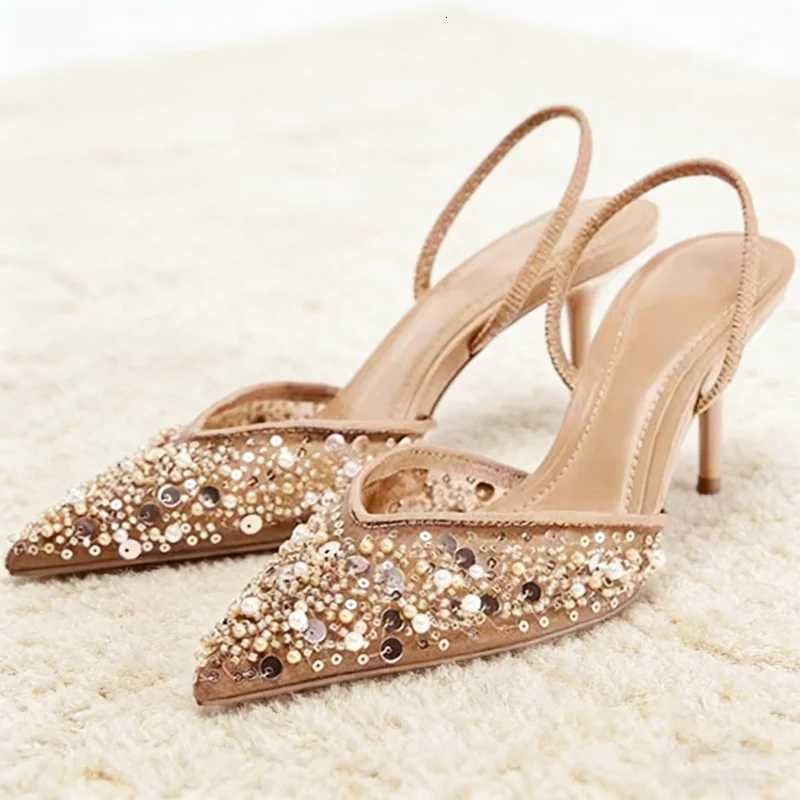 Designer Bling String Bead Mesh High Heels Women Sexy Pointy Toe Breathable Heeled Sandals Elegant Slingbacks Women Pumps C260321