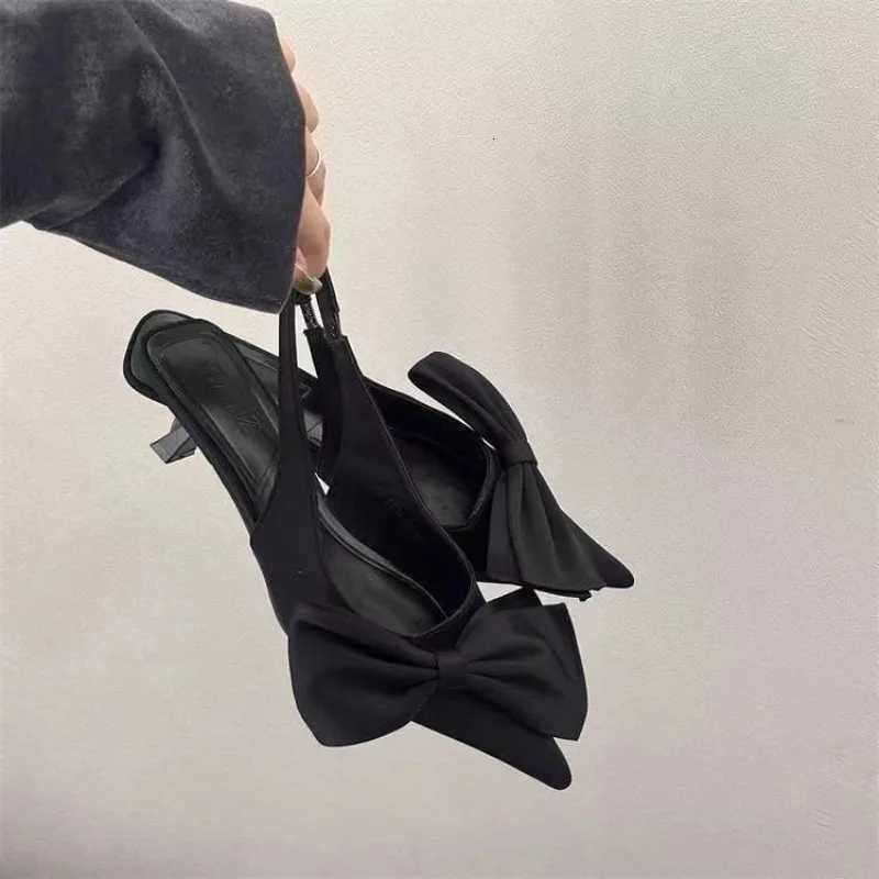 Pointy Bow Sandals Womens Bowknot Slingback Kitten Heels Black Pointed Toe Satin Slip On Low Heels Casual Dress Shoes C260321