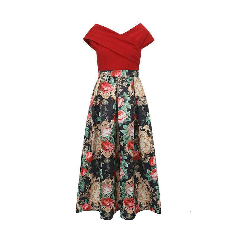 Designer women's off shoulder elegant palace style A14 fashionable dress, fashionable cross V-neck waist tied jacquard long skirt