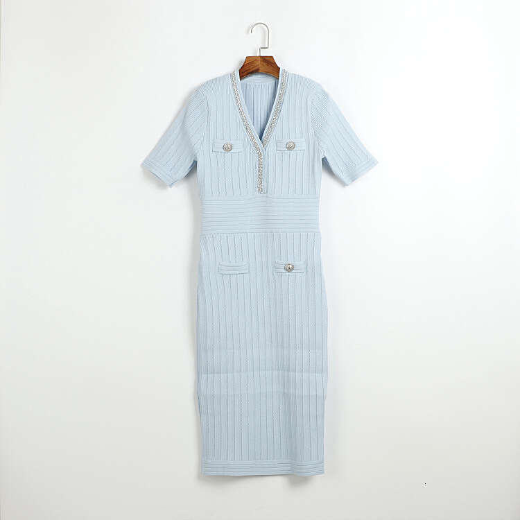 Designer French pink short sleeved summer V-neck diamond trimmed double pocket knitted slim k30 fit dress