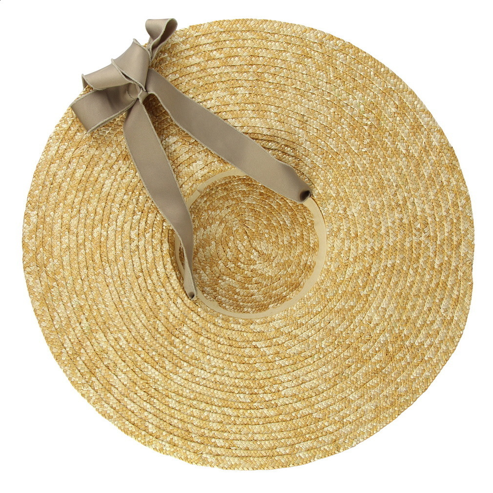 Vintage Large Brim Straw Hat for Women Flat Top Summer Beach Cap Shallow Crown Boater Sun Hats Ribbon Tie Wicker Hat 220601