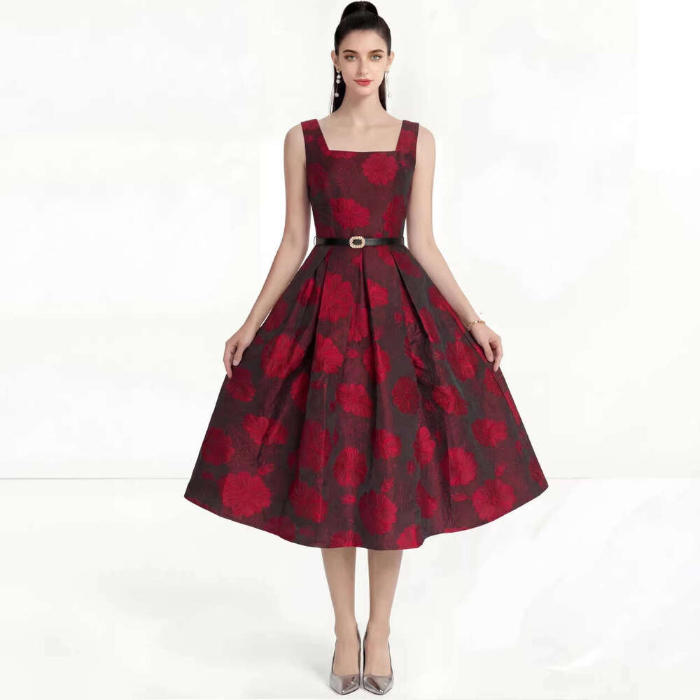 Designer French style 2026 k30 high-end jacquard sleeveless vest with large hem A-line skirt