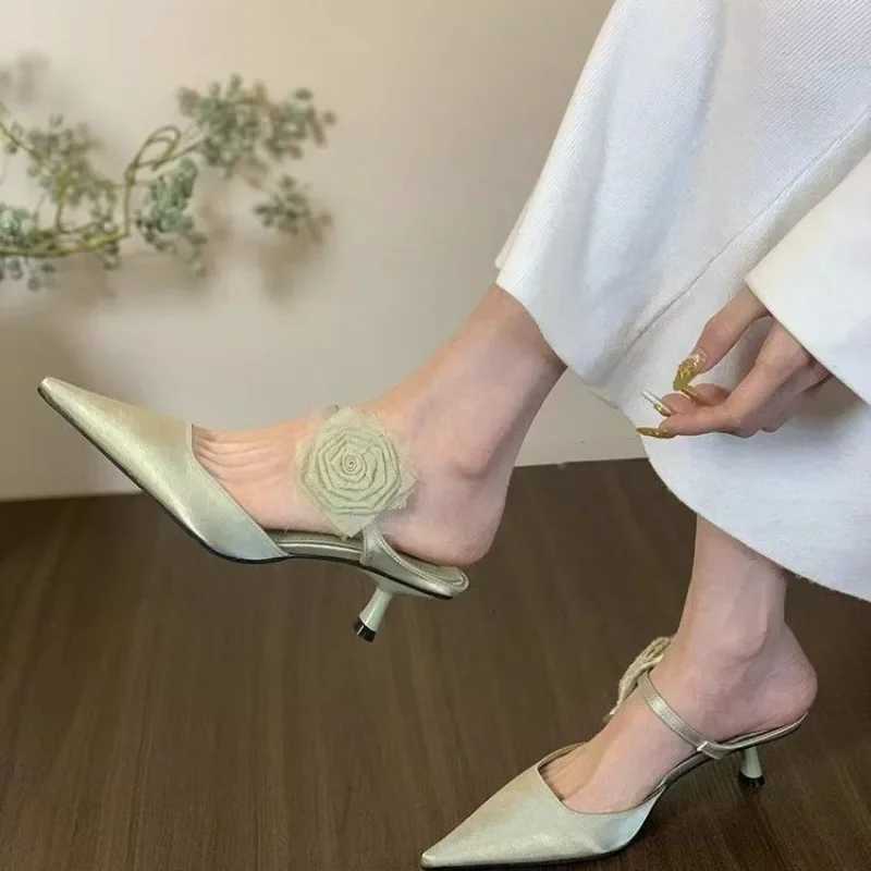 Womens Flower Slippers Pointed Toe Thin Heels Satin Cover Toe High Heel Dress One Kick Mature Elegant Zapatillas De Mujer C260321