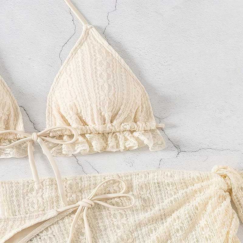 European and American new mesh solid color sexy bikini three-piece swimsuit womens beach skirt smock swimsuit M260321