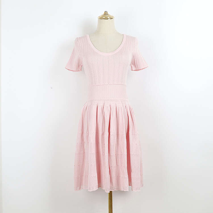 Summer designer pink double U-neck short sleeved knitted ribbed elastic hollow j29 pleated women's dress