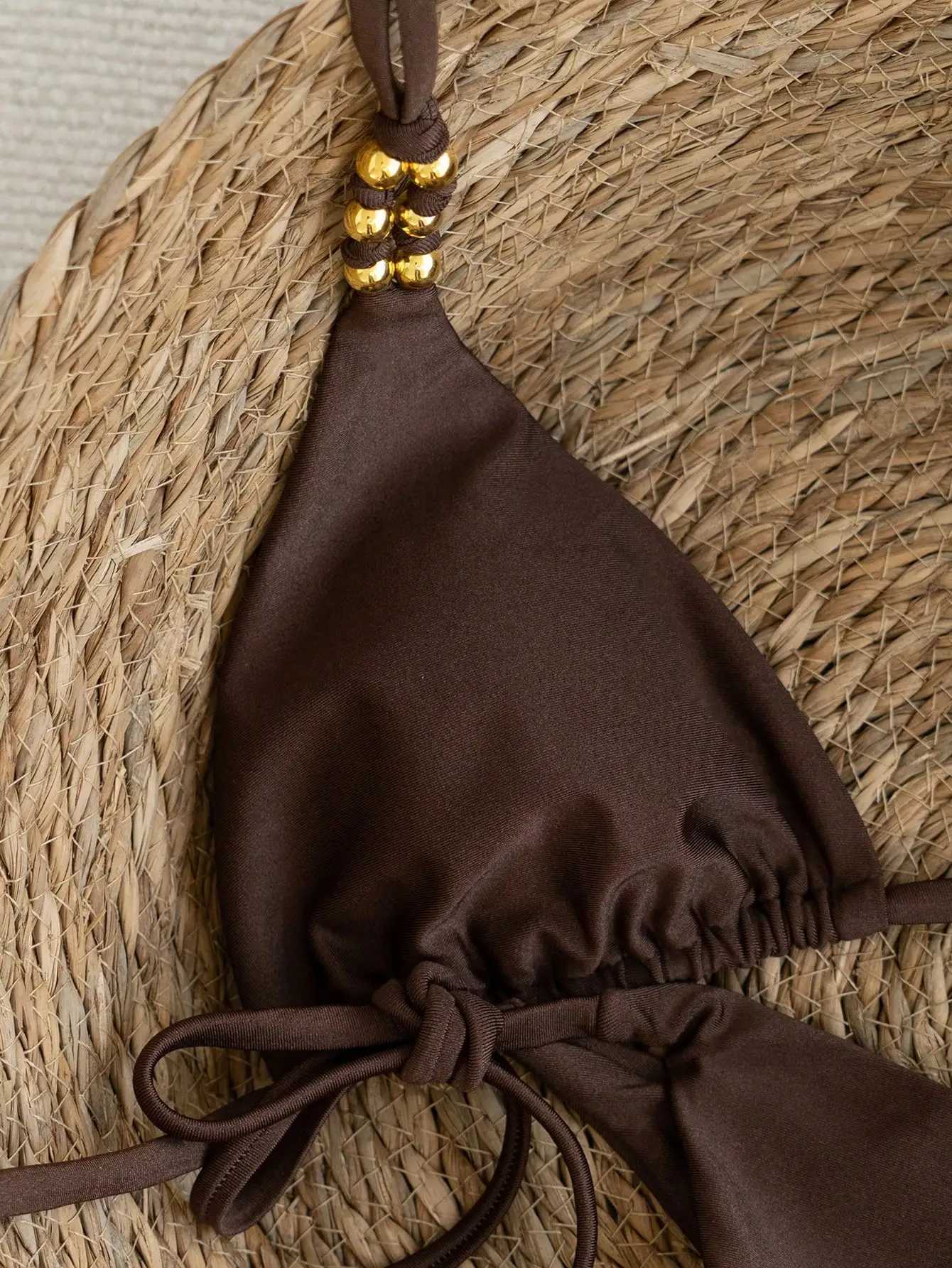 Brown Elegance - Metal Beaded Triangle Bikini Swimsuit M260321