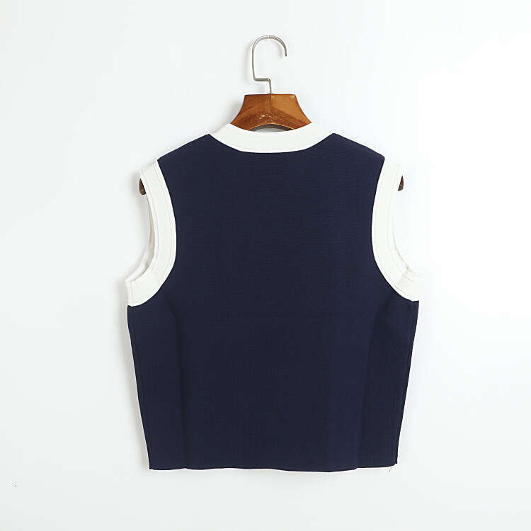 Summer and autumn designer fashion simple knitted suit sleeveless round k30 neck color blocked vest and pleated half skirt