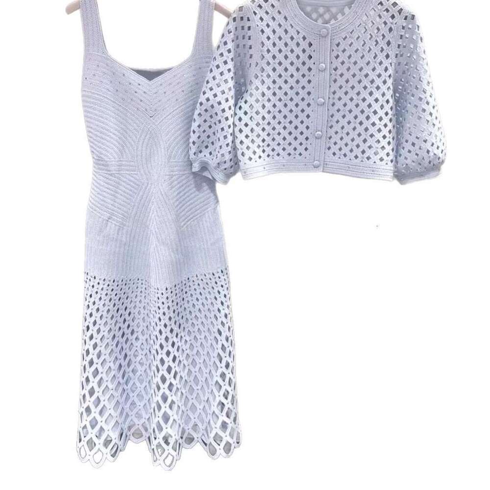 French Elegance 2026 Spring New Rhinestone Hollow Knitted A12 Cardigan Jacket, Vest, Dress Set