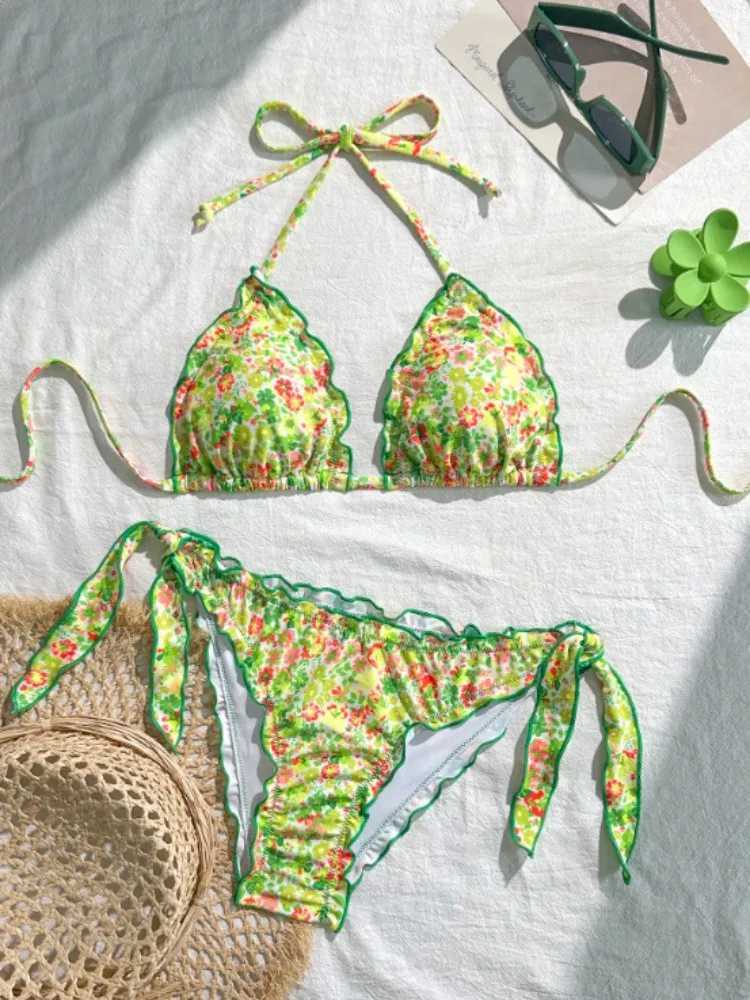Cute Women Bikini Set 2025 New Summer Orange Floral Print Halter Ruffles Push Up Tie Side Thong Swimsuit Bathing Suit M260321