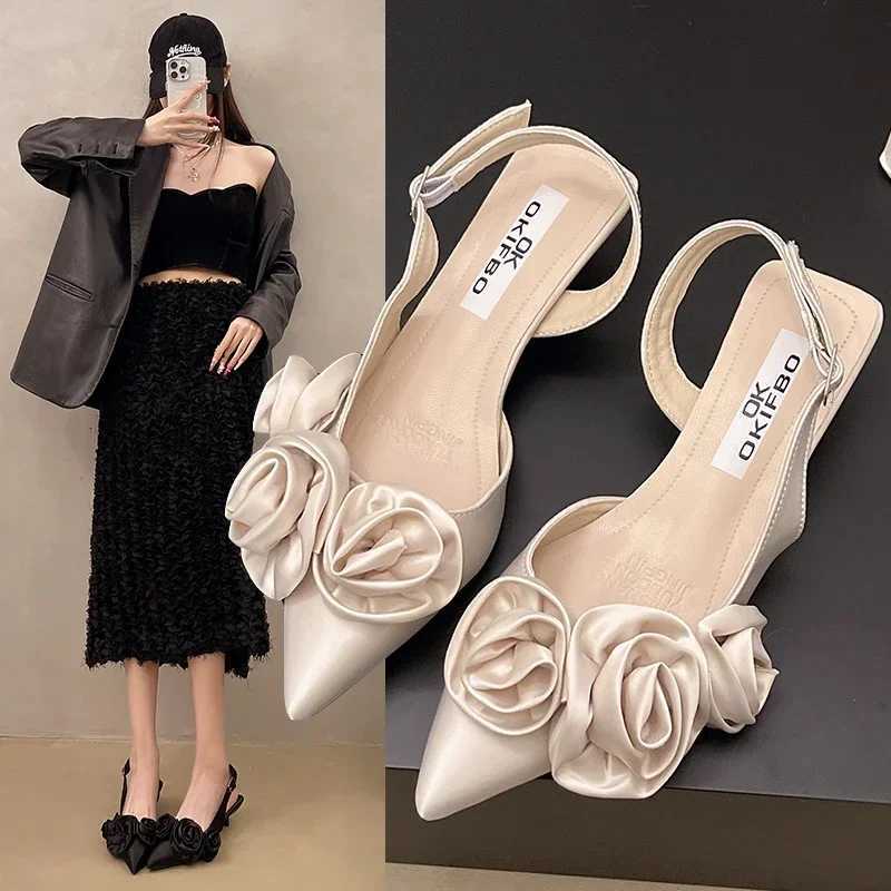 Pointed French flowers Baotou sandals fairy shoes 2025 spring summer new socialite shoes C260321