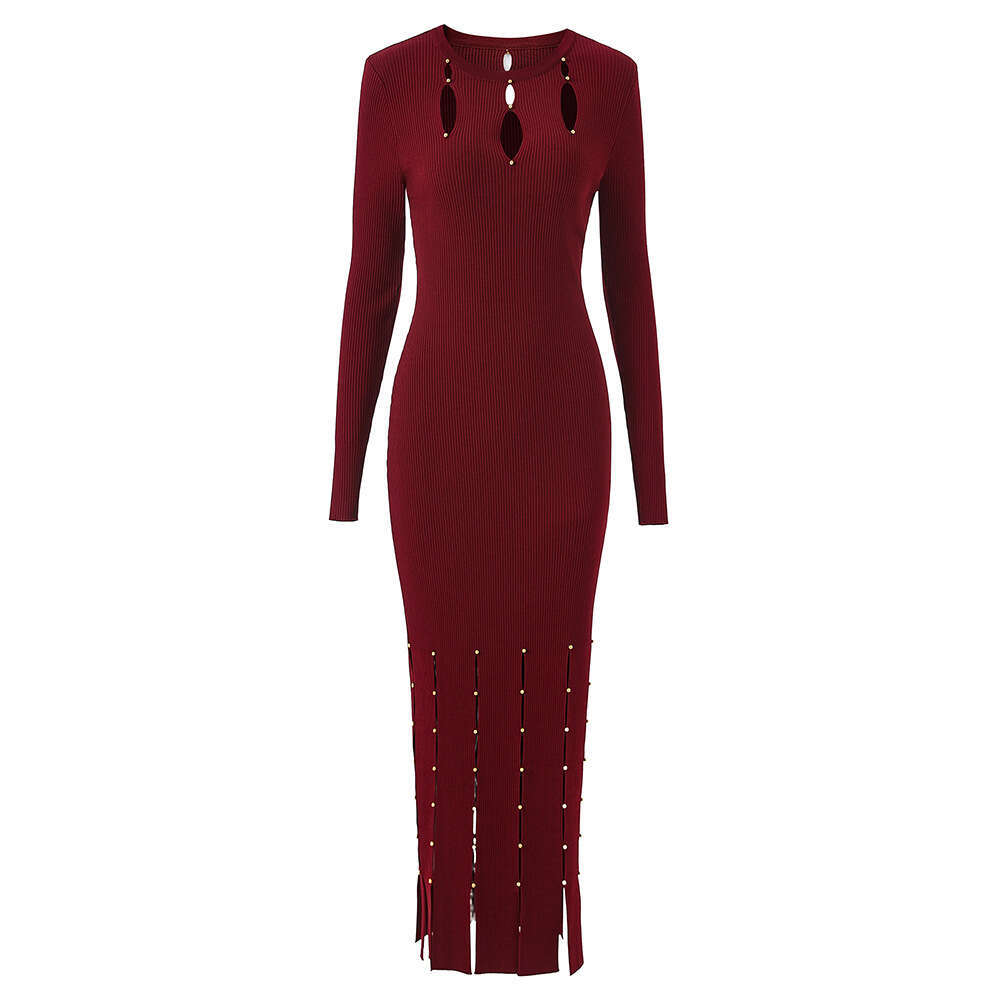 2026 S6 Spring/Summer Designer Long Sleeve Hollow Design Bead Waist Slimming Open Skirt Women's Knitted Dress