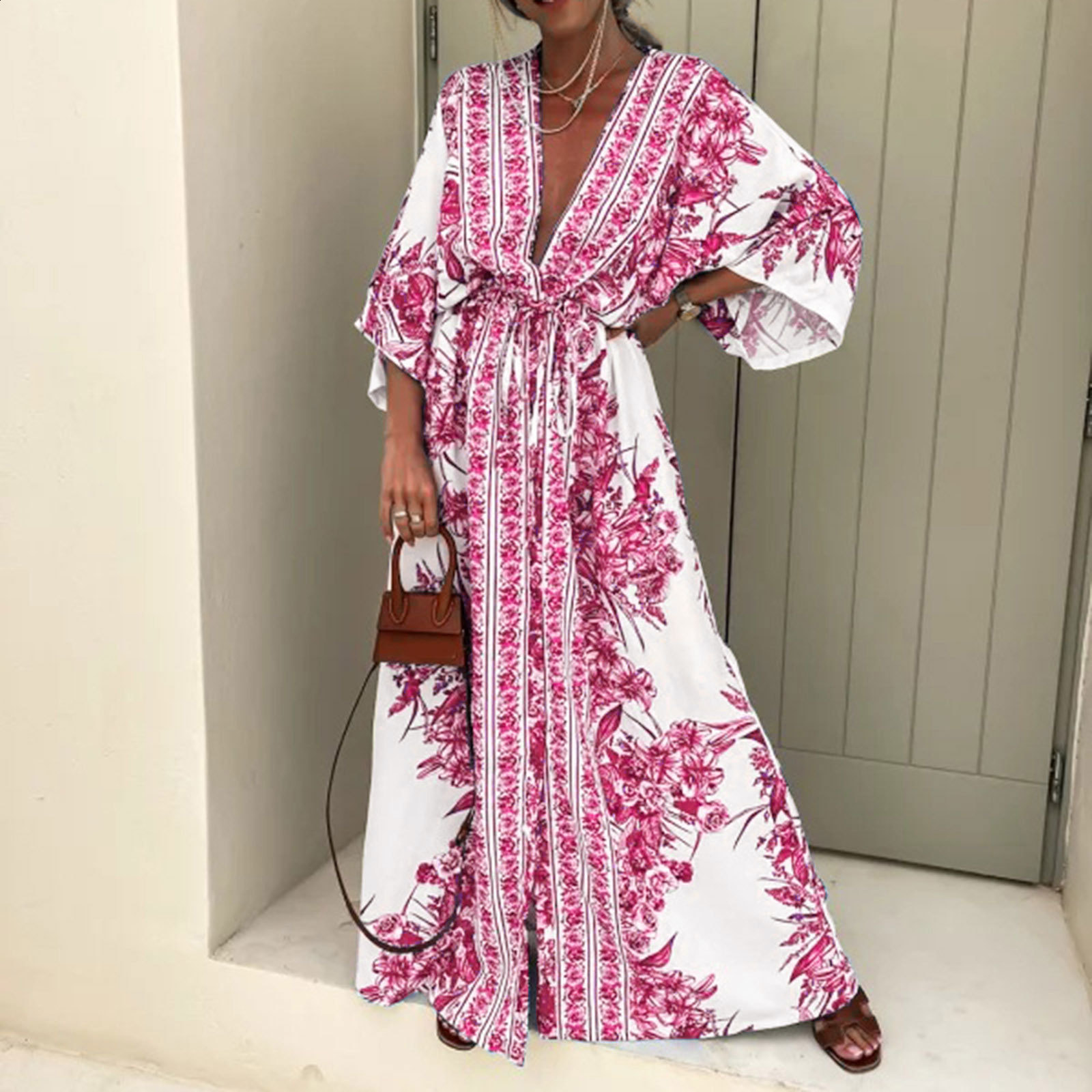 Bohemian Style Floral Print Dress For Women Summer Single Breasted V-neck Party Dress Spring Long Sleeve Holiday Mini Dress 240810