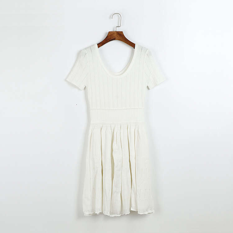 Summer designer pink double U-neck short sleeved knitted ribbed elastic hollow j29 pleated women's dress