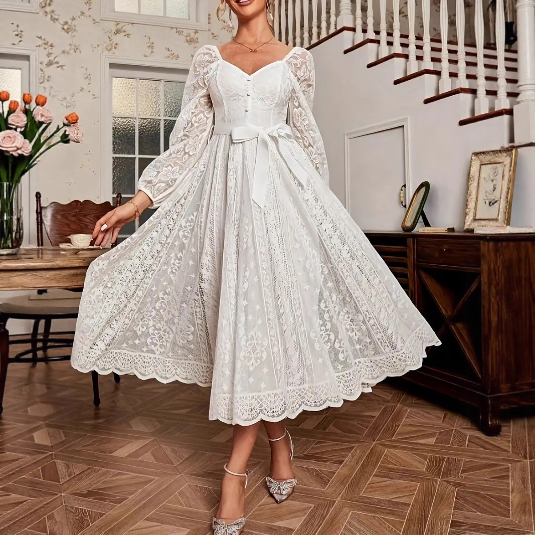 European And American Foreign Trade Women's Elegant Vintage Designer Dress Lace V-neck Long-sleeve A-line Dress