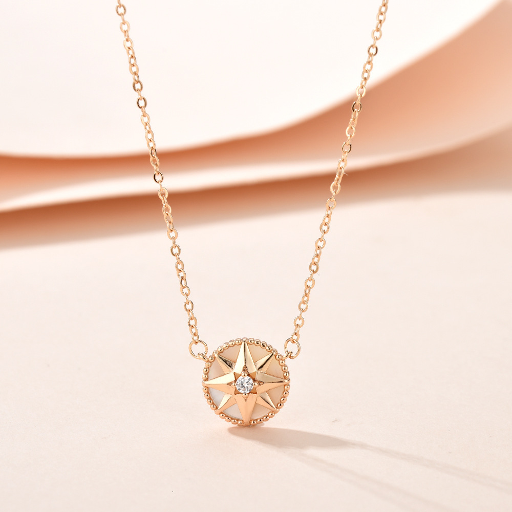 Style Niche Round Natural White Mother-Of-Pearl Eight-Pointed Star Compass Copper Pendant Necklace Fashionable Women's Accessories Collarbone Cha