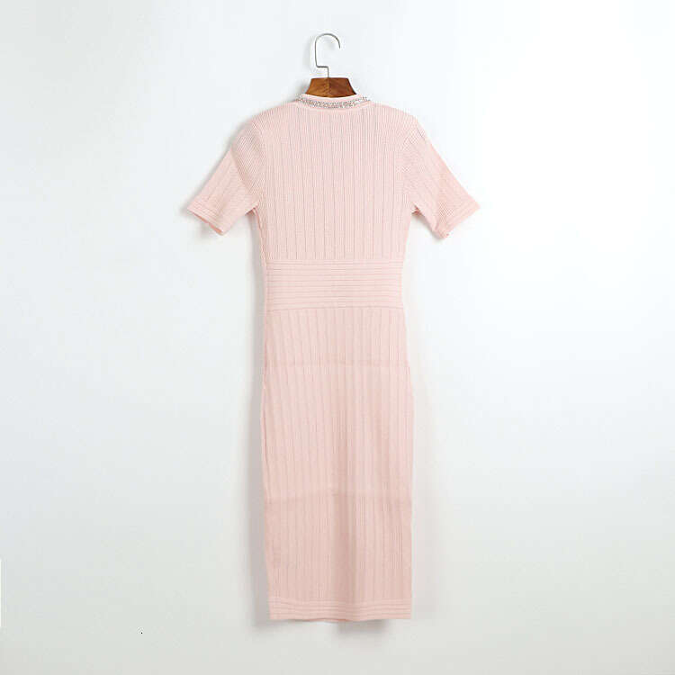 Designer French pink short sleeved summer V-neck diamond trimmed double pocket knitted slim k30 fit dress