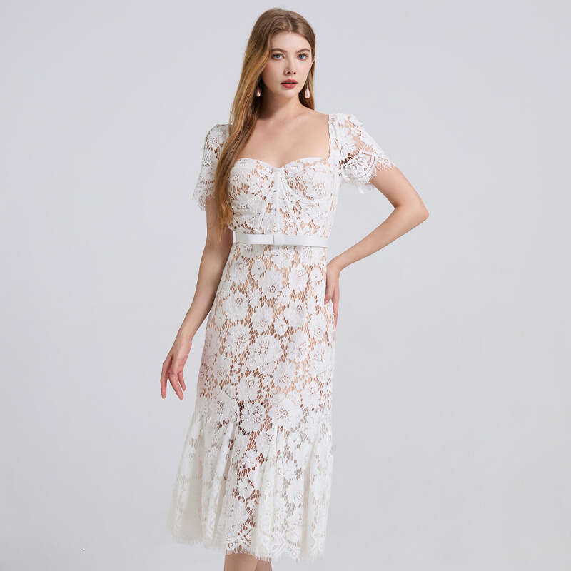 Designer French court style high-end k30 blue lace dress, sexy square neck fishtail long skirt, new women's model