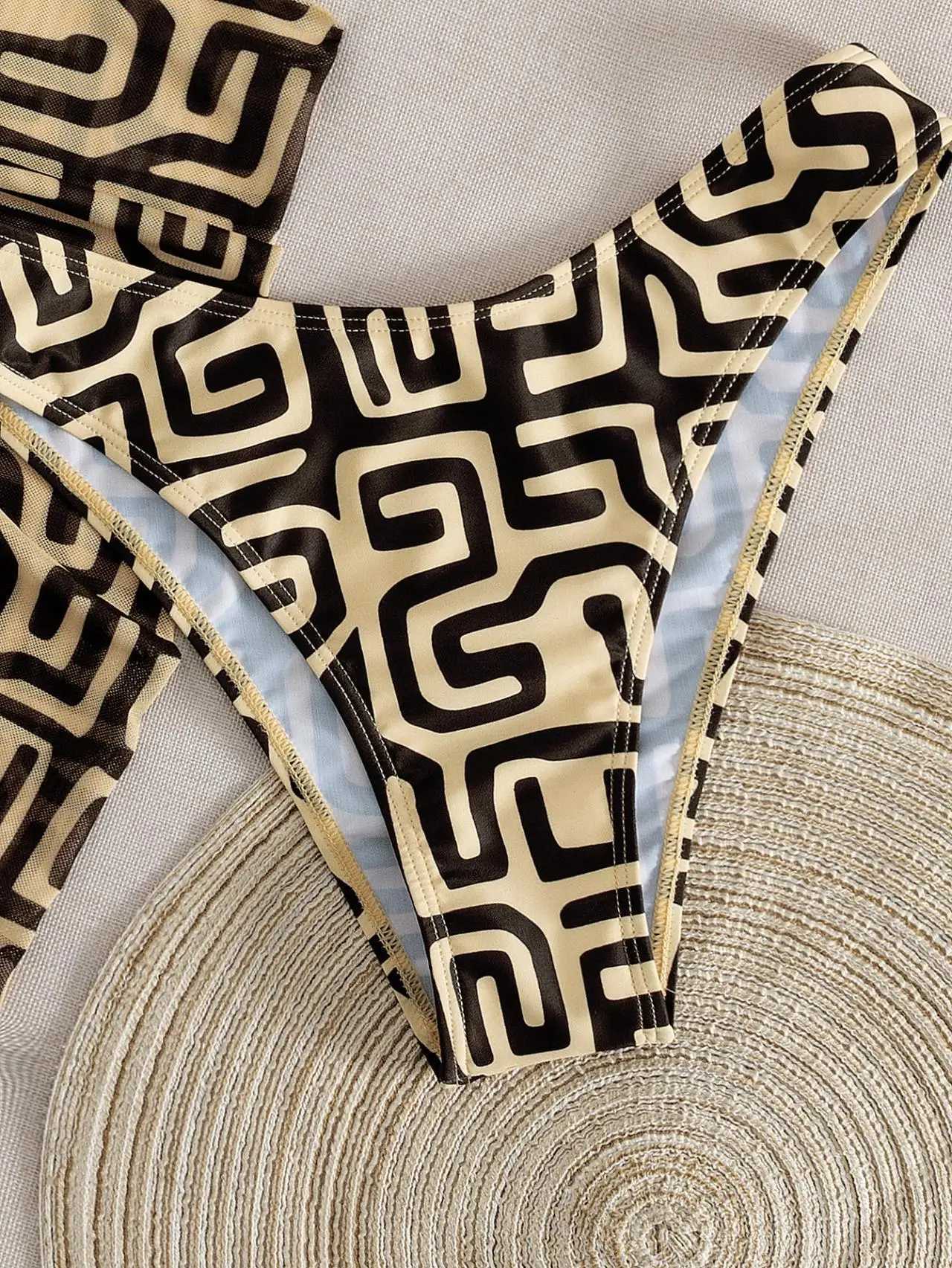 Vintage Yellow Geometry Print Bikini Set Women Halter Push Up Bra Mesh Skirt 3 Piece Swimsuit Bathing Suit Holiday Swimwear 2026 M260321