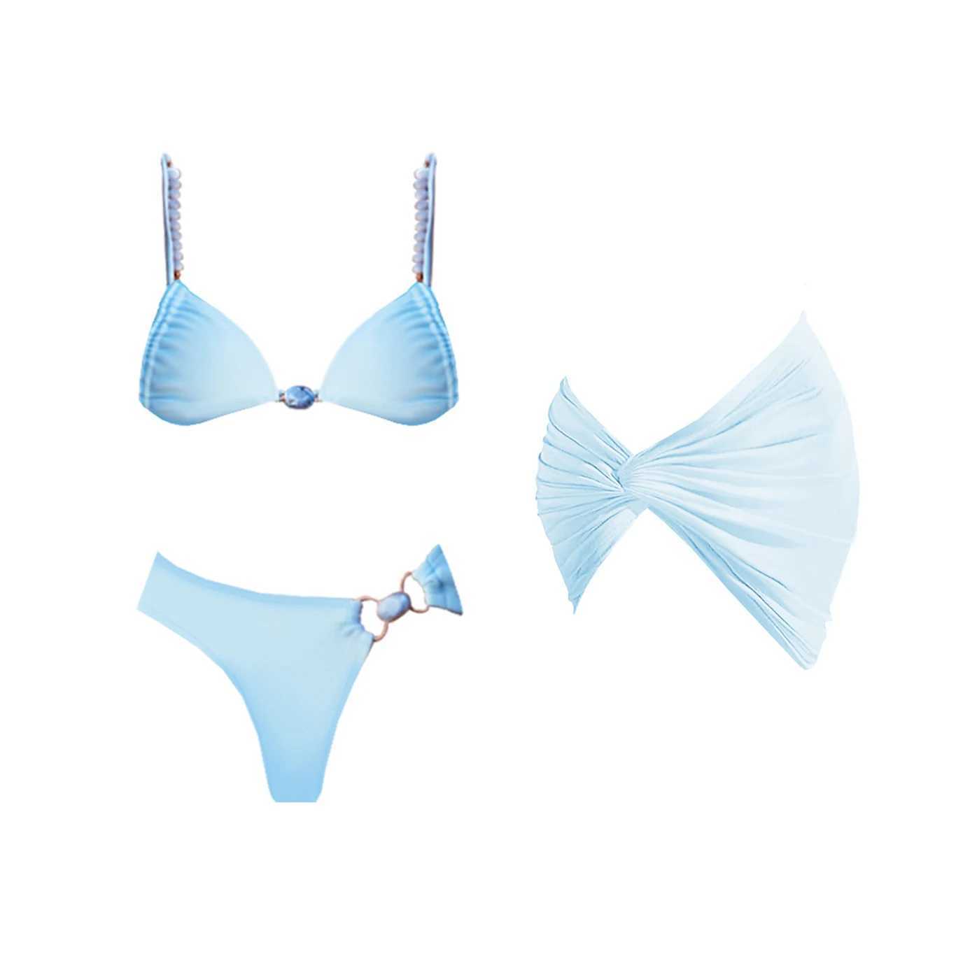 3Pcs Button Bikini 2025 Bandeau Biquini Women Sexy Swimsuit Push Up Swimwear Female Swim Suit One Shoulder Bathingsuit Beachwear M260321