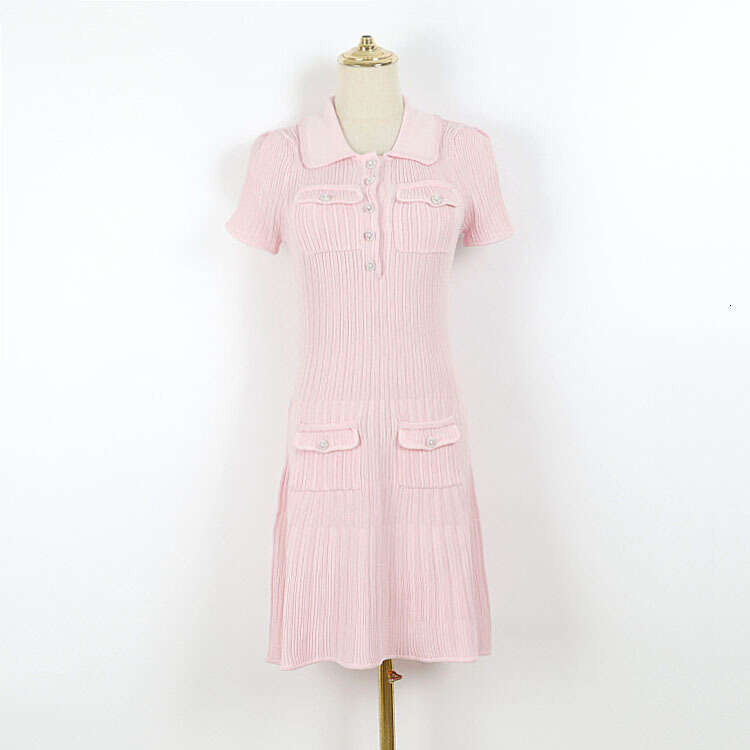 2026 summer new designer sequin k30 ribbed elastic waist doll collar knitted dress short sleeved