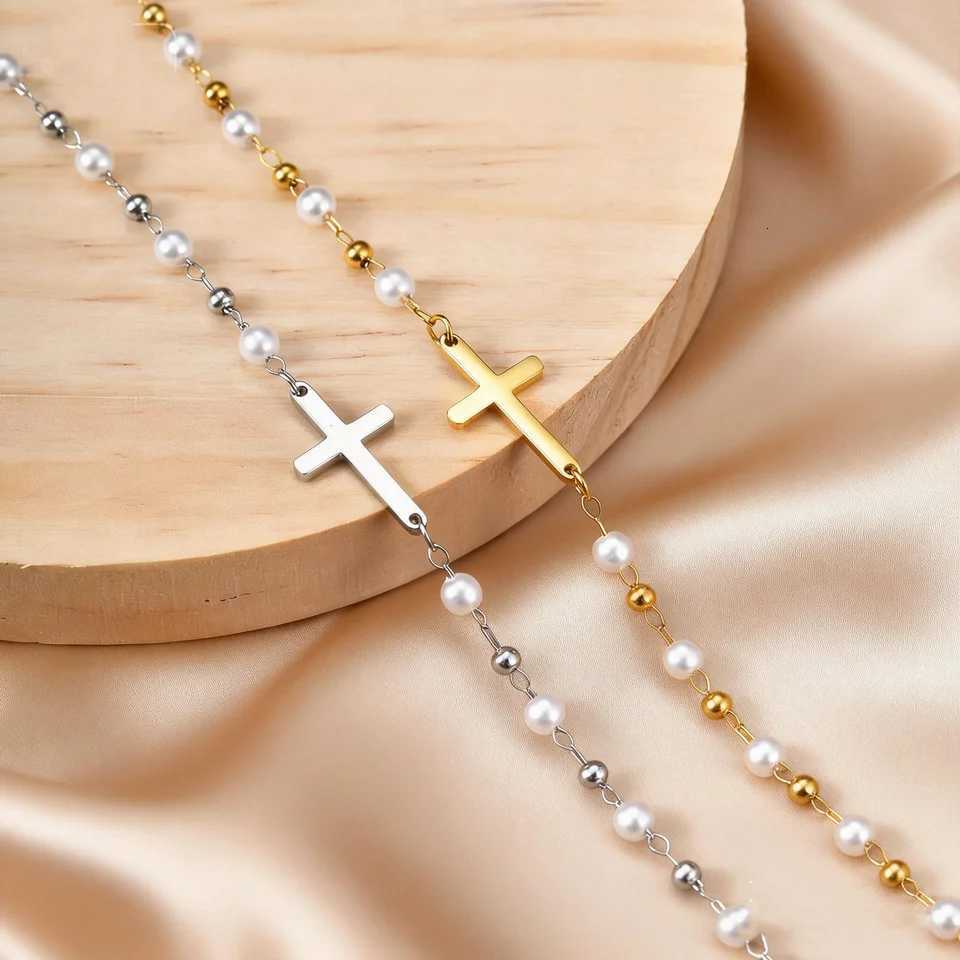 Dainty Cross Charm for Girl Kids Imitation Pearl Stainless Steel Religious Jewelry for Easter Baptism Gifts H260321 - view 4