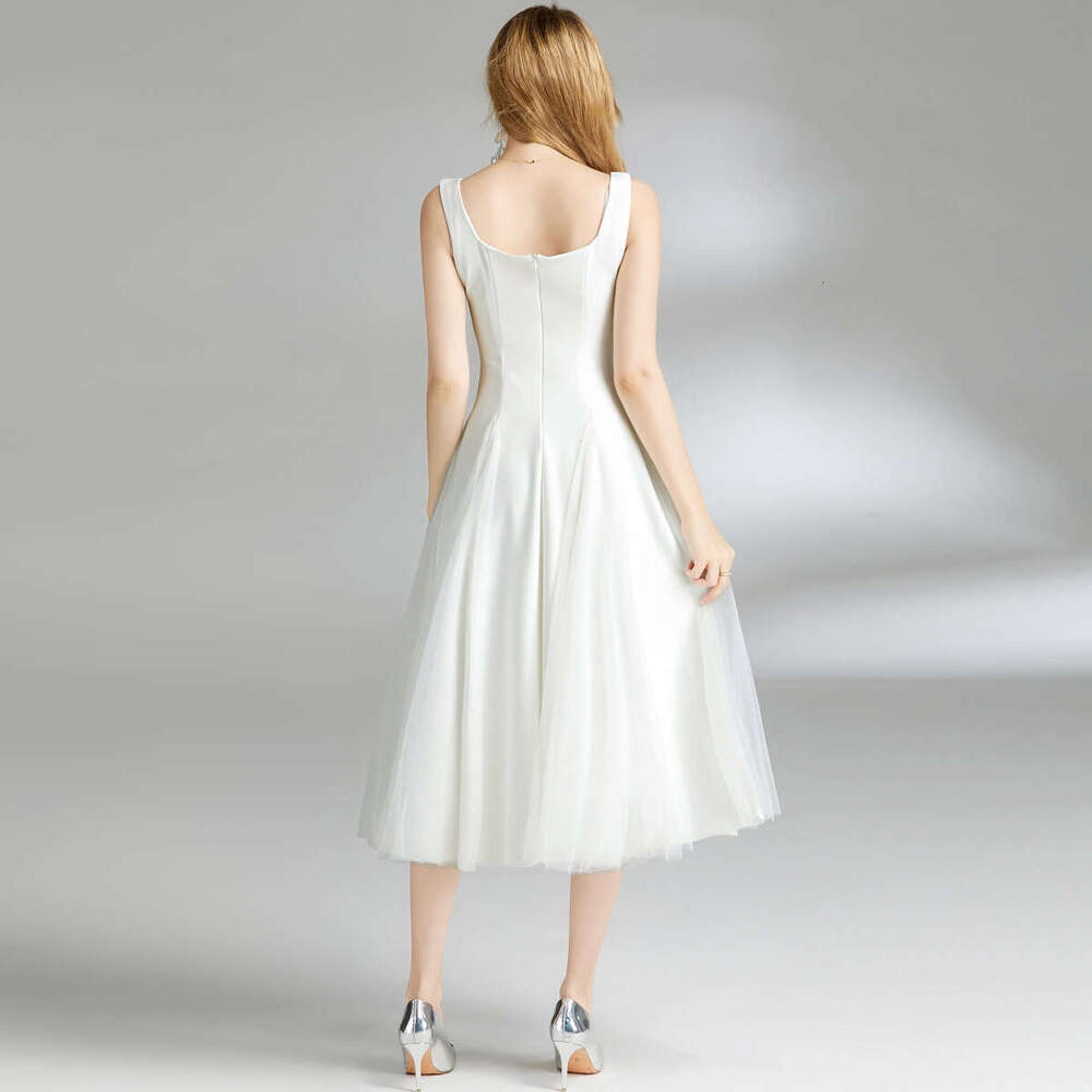 Designer women's A14 white spaghetti strap dress summer new patch mesh fluffy fairy high-end feeling wedding dress long skirt