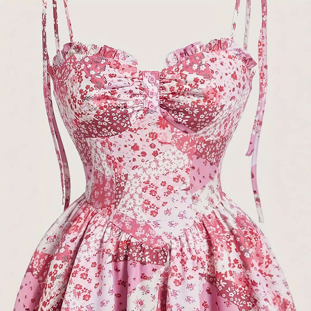 Designer's new European and American women's flower cake retro pink double-layer hem dress with a small k30 fragrant style
