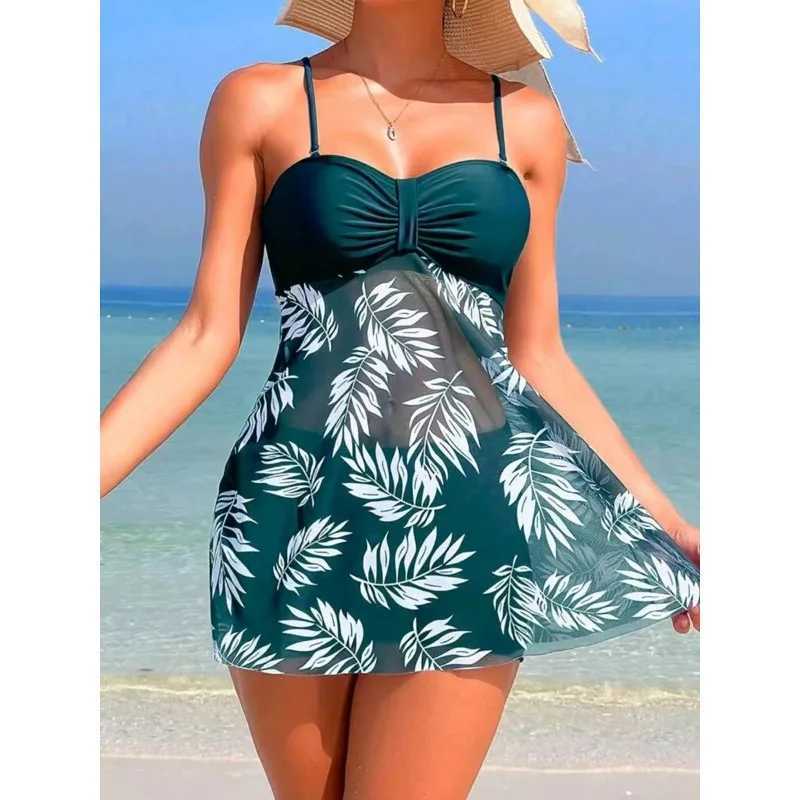 2024 Short Dress Tankini with Shorts Swimsuit Women Swimwear Female Padded Printed Bathing Swim Suit Swimming Beachwear Summer M260321