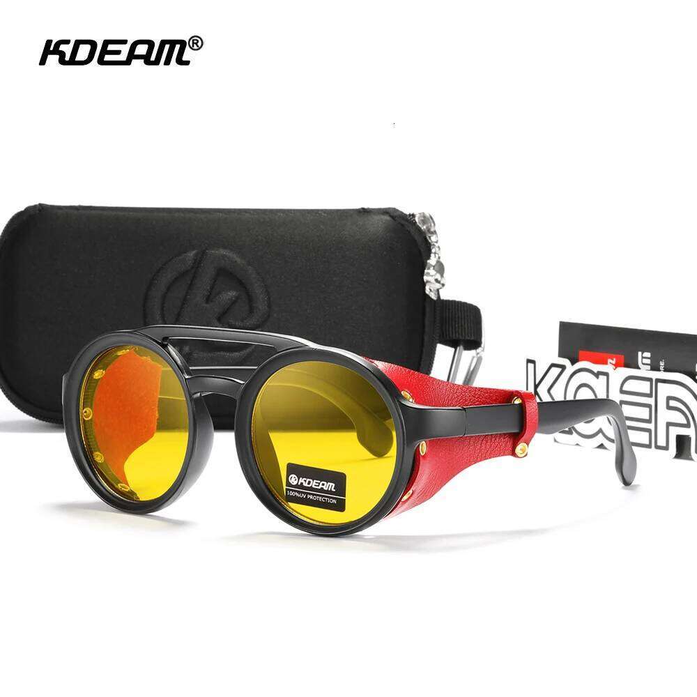 KDEAM Vintage Round Sunglasses Men Women Leather Shield Sun Glasses Twin Bridge Designed Shade KD179 26Y0321