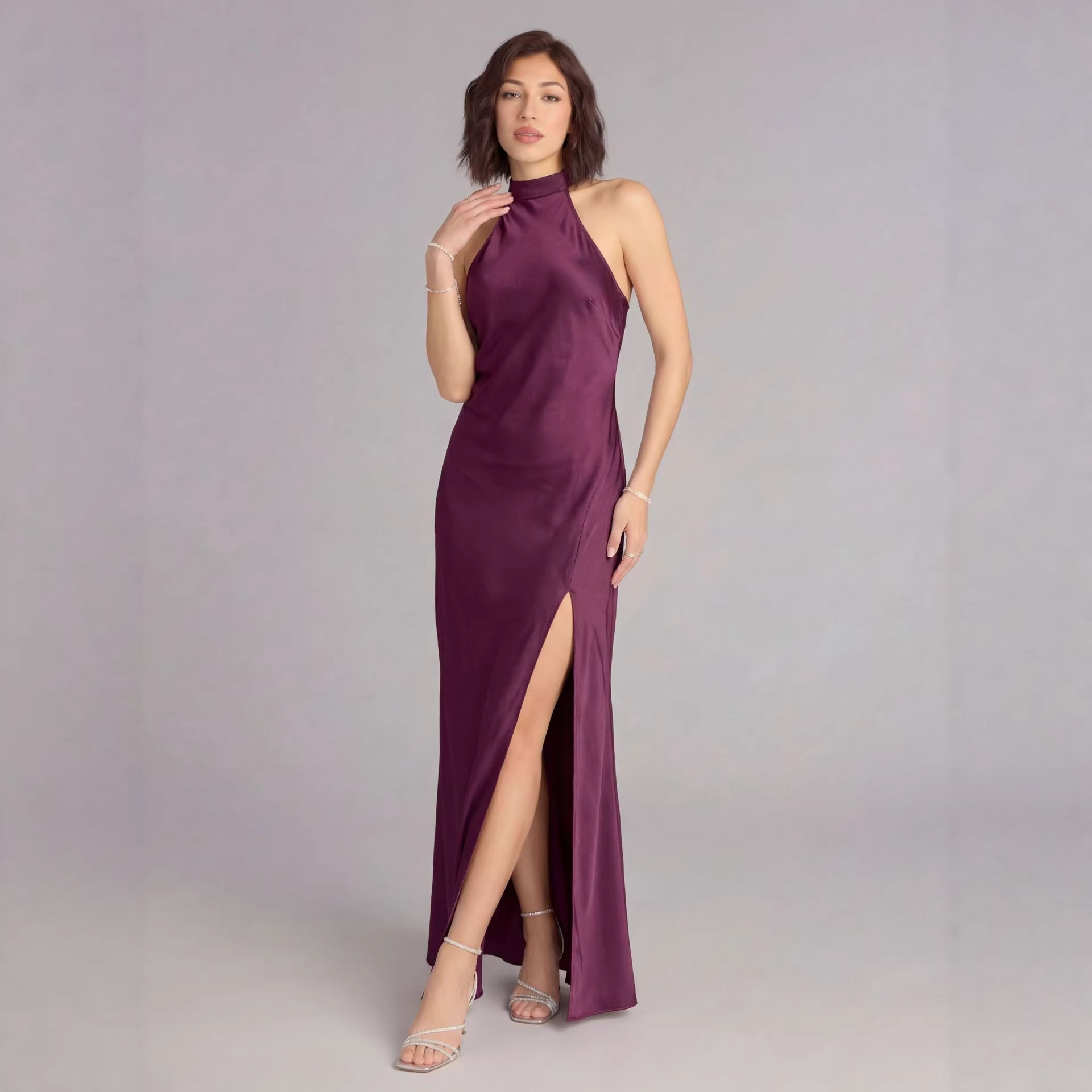 European And American New Elegant Slit Evening Dress Halter Neck Midnight Designer Dress Bar Sexy Satin Dress