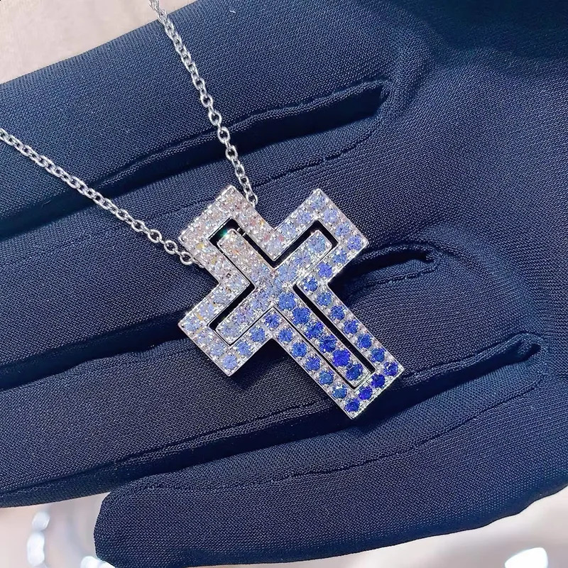 Double Layer Cross Necklace 925 Sterling Silver Full Pave Lab-Grown Diamonds Pendant For Women Fine Jewelry Wedding Party 260311 - view 3
