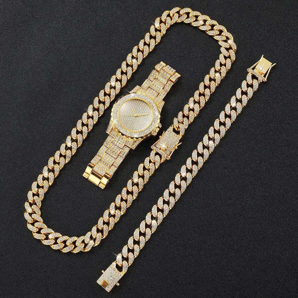 3 Pcs/Set Luxury Full Diamond Watches Gold Steel Band Analog Quartz Necklace Bracelet Set Men's Watch