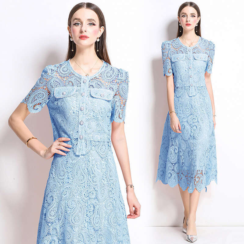 Designer white lace B15 women's 2026 new fashionable two-piece set suitable for slim fit dresses