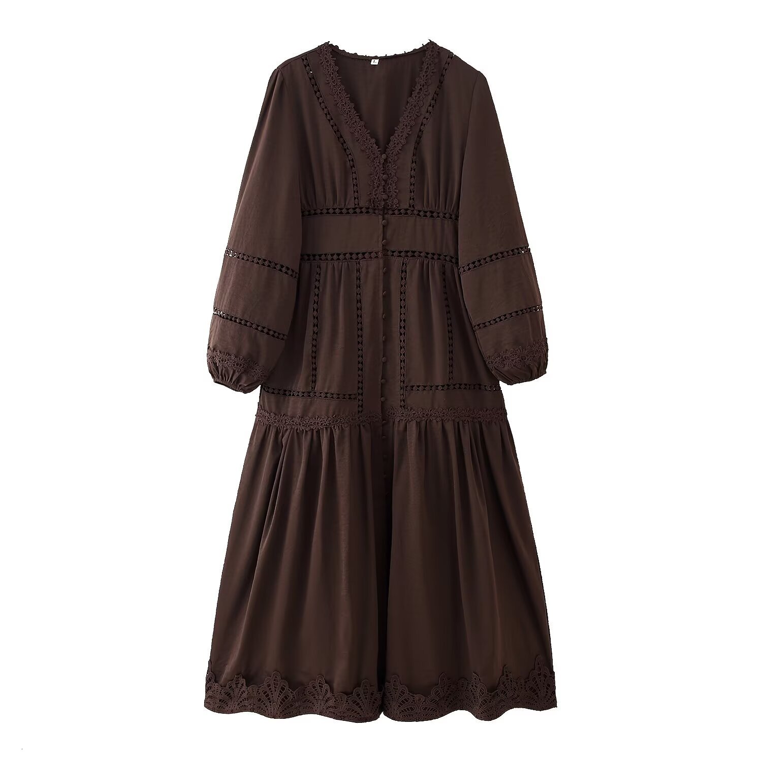 European Designer Dress And American Women's Summer Fashion New Stylish V-neck Patchwork Lace Hollow Design Long Sleeve Waist-cinching Dress