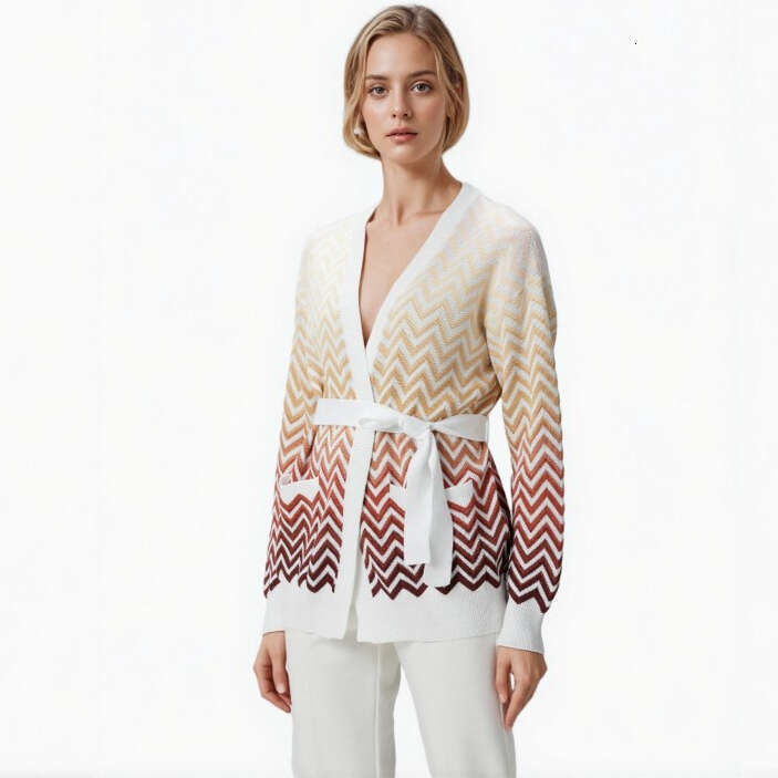 2026 high-end designer autumn and winter elegant D19 women's V-neck long sleeved striped knitted cardigan