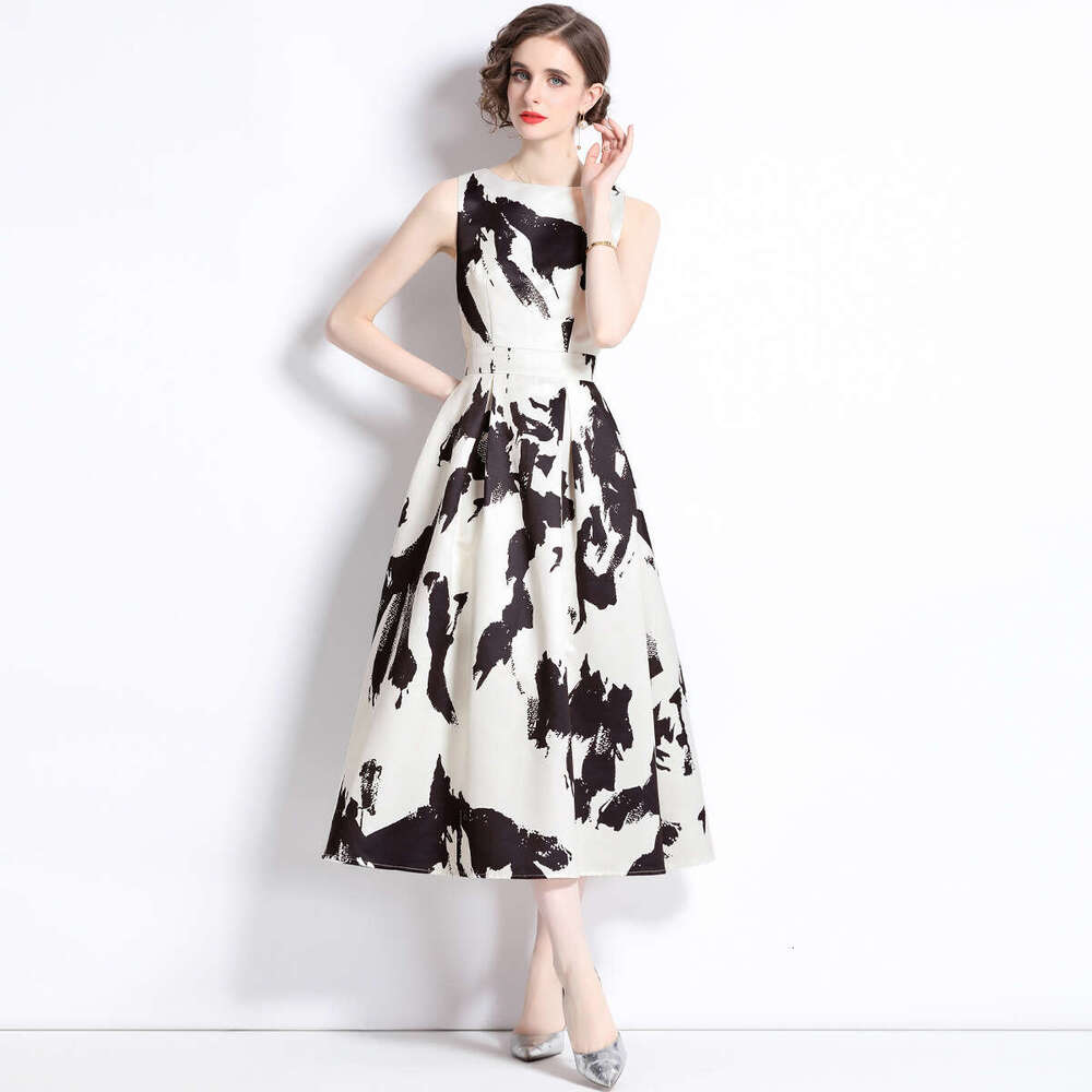 Summer new product: Ink art print round-neck sleeveless high-waisted A14 A-line Korean-style slimming dress for women with a flared skirt