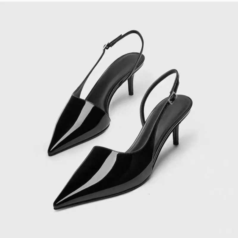 Sharp Pointed Thin Heel Super High Heels Sandals Women Summer New Black Patent Leather Sexy French Toe Cap Oversized Sandals C260321