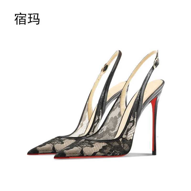 Black lace high-heeled sandals for the summer of 2025 new pointed thin heelshallow mouthcomfortable professional single shoe C260321