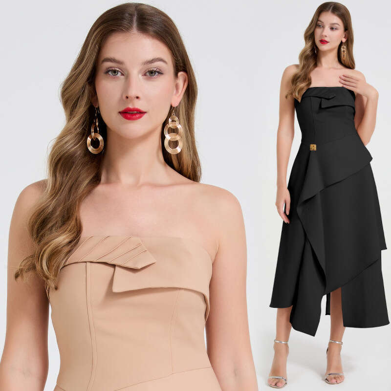 A niche designer dress B15 that is lightweight, luxurious, and high-end with a hidden asymmetrical abdomen and strapless evening gown