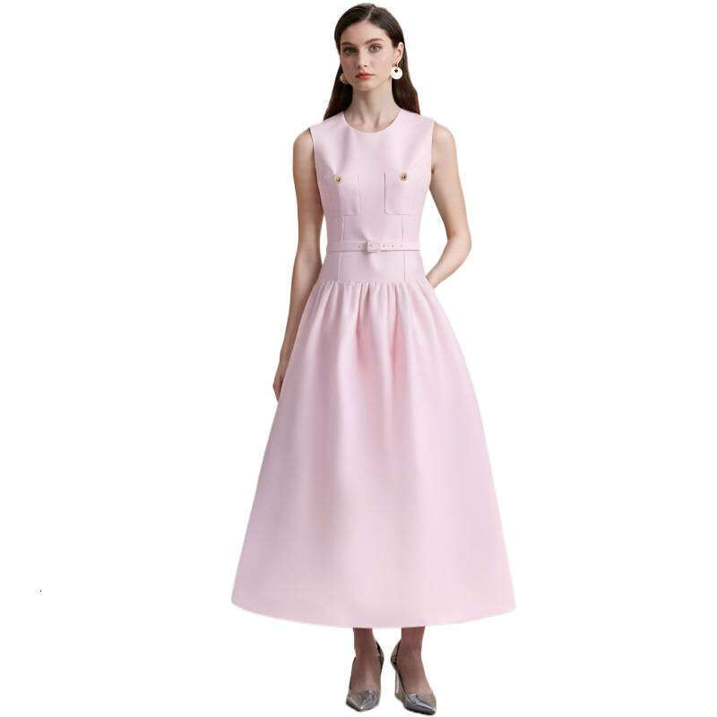 2026 Designer's New French Women's Elegant and Exquisite Round Neck Patch B15 Bag Waist Sleeveless Solid Color Party Skirt