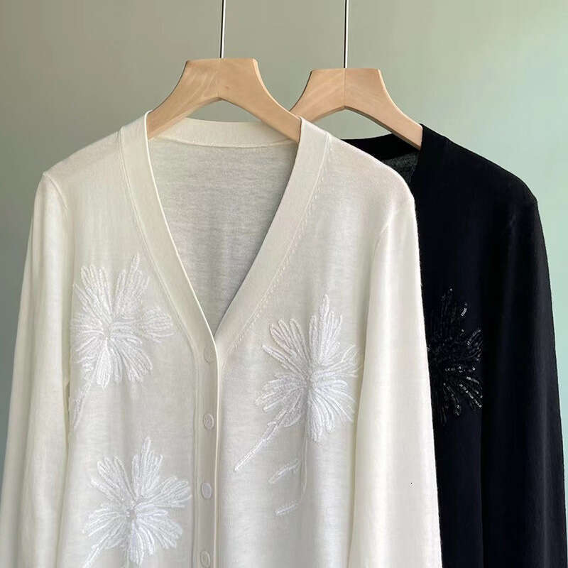 2026 designer embossed sequins new mulberry S6 silk wool knitted sweater V-neck long sleeved pearl embroidered thin cardigan
