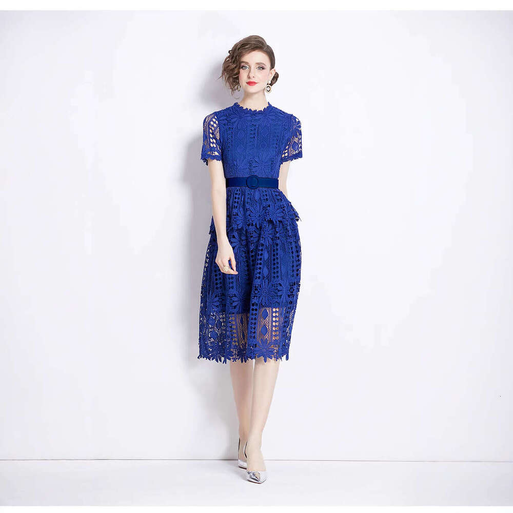 Designer retro palace k30 style short sleeved round neck waist slimming A-line crochet hollow lace elegant dress