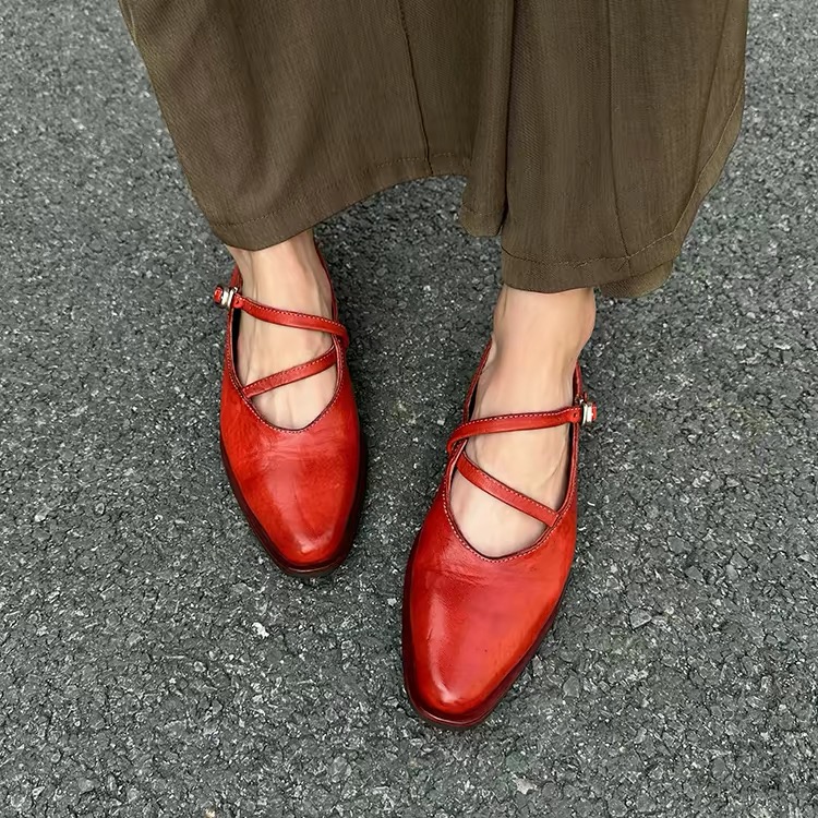 Horsehide Leather washed Mary Jane women's cross strap single shoes retro unique handmade low and medium heel