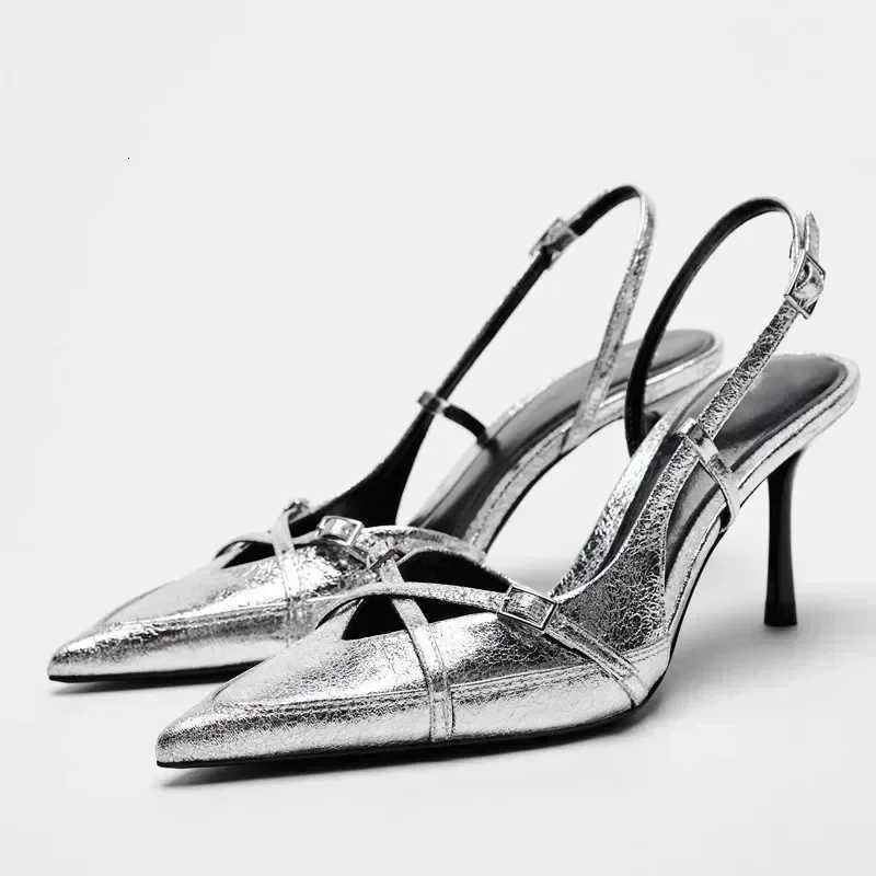 Silver Mules High Heels Women Sexy Pointed Toe Slingbacks Thin High Heels Sandals Elegant Metal Design Women Pumps C260321