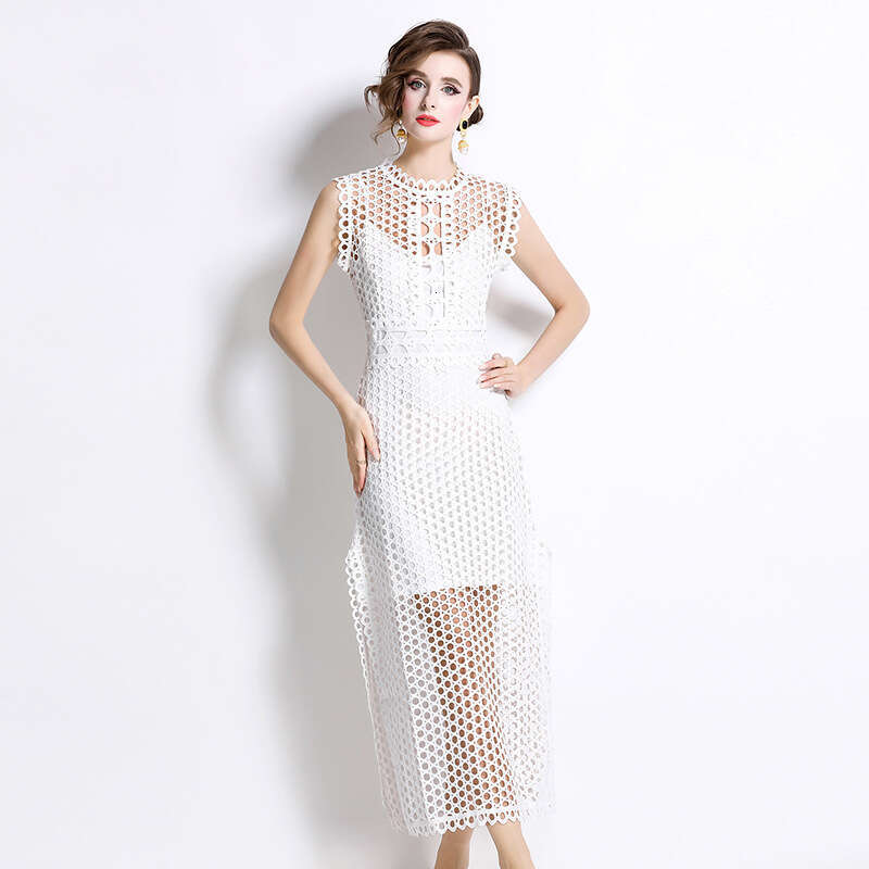 Summer New Designer French Fashionable Evening Dress Mature and Elegant Salt Style A14 Hollow Round Neck Split Sleeveless Dress