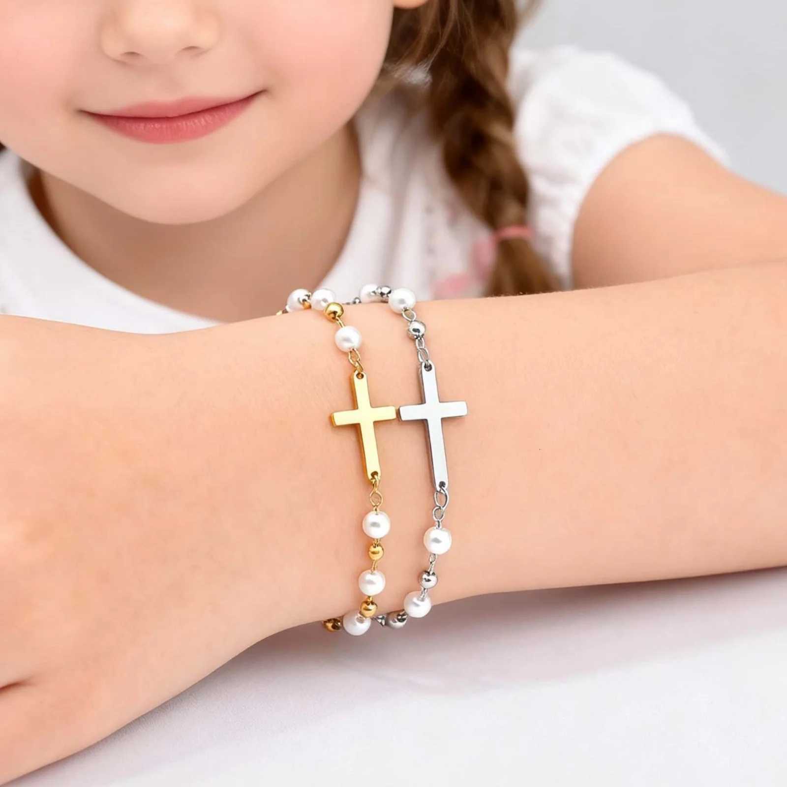 Dainty Cross Charm for Girl Kids Imitation Pearl Stainless Steel Religious Jewelry for Easter Baptism Gifts H260321 - view 6
