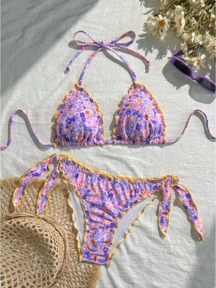 Cute Women Bikini Set 2025 New Summer Orange Floral Print Halter Ruffles Push Up Tie Side Thong Swimsuit Bathing Suit M260321
