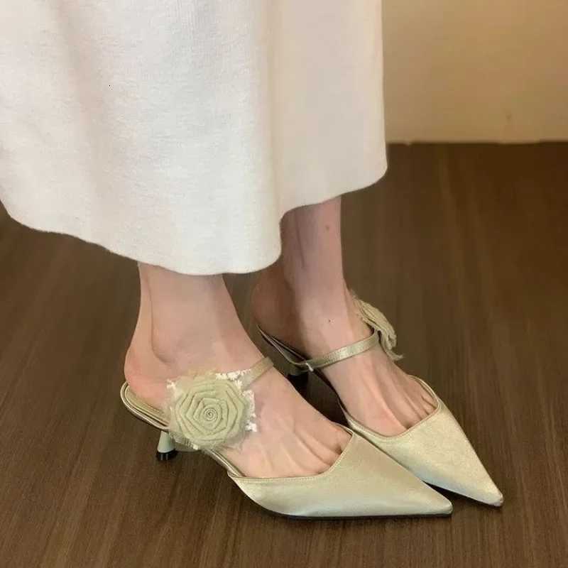Womens Flower Slippers Pointed Toe Thin Heels Satin Cover Toe High Heel Dress One Kick Mature Elegant Zapatillas De Mujer C260321