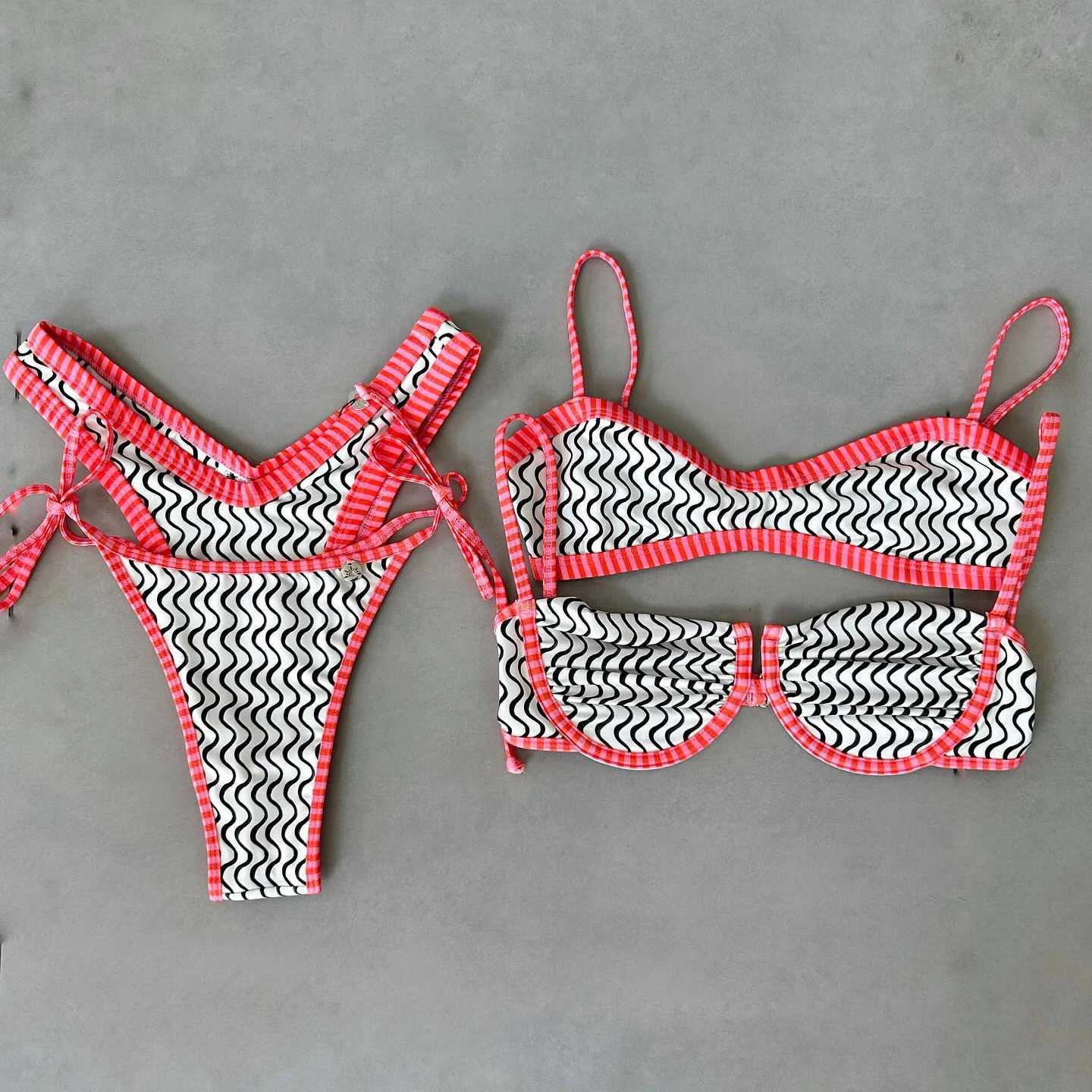 Push Up Bikini Sexy Swimsuit Women 2025 Swimwear Bandeau Biquini Female Stripe Bodysuit High Cut Bathingsuit Beachwear Monokini M260321